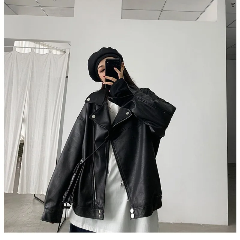 

Куртка из искусственной кожи с коротким рукавом, женская, свободного кроя, в корейском стиле, повседневная, новинка 2026 года, весенне-осенняя верхняя одежда