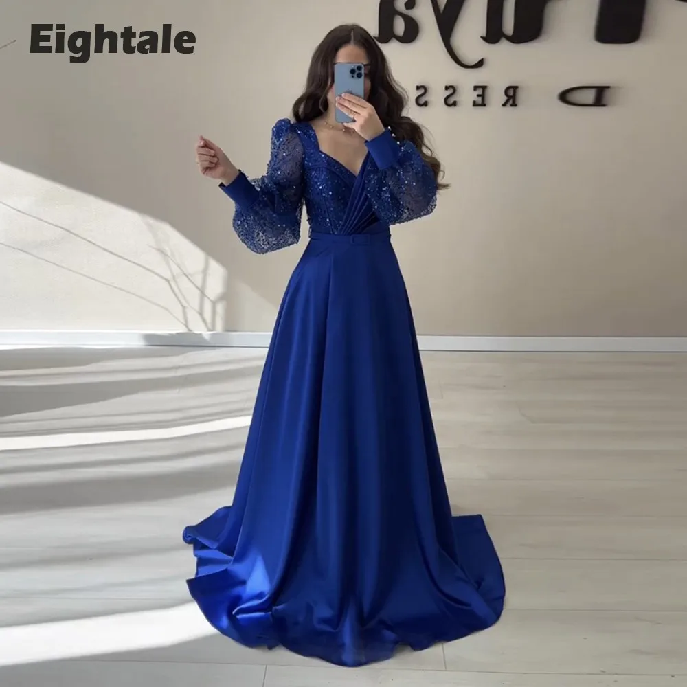 Eightale Royal Blue Evening Gowns Sparkly V-Neck Long Puffy Sleeve Customized Satin Formal Occasion Prom Party Dress Robe Soiree