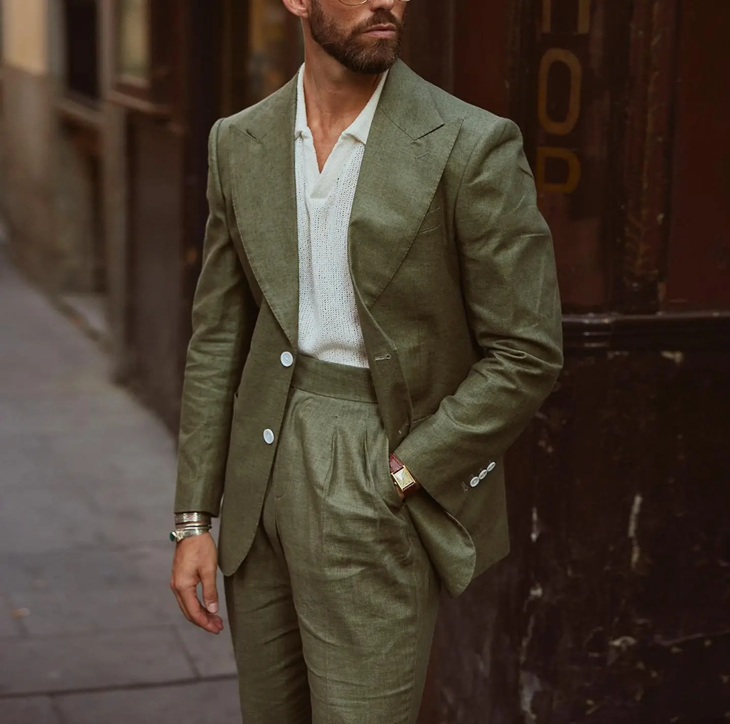 Light Army Green Linen Blazer Trousers Men\'s Suit Breathable Summer 2Pcs Jacket Pants Suits Wedding Clothing Tailored Outfit