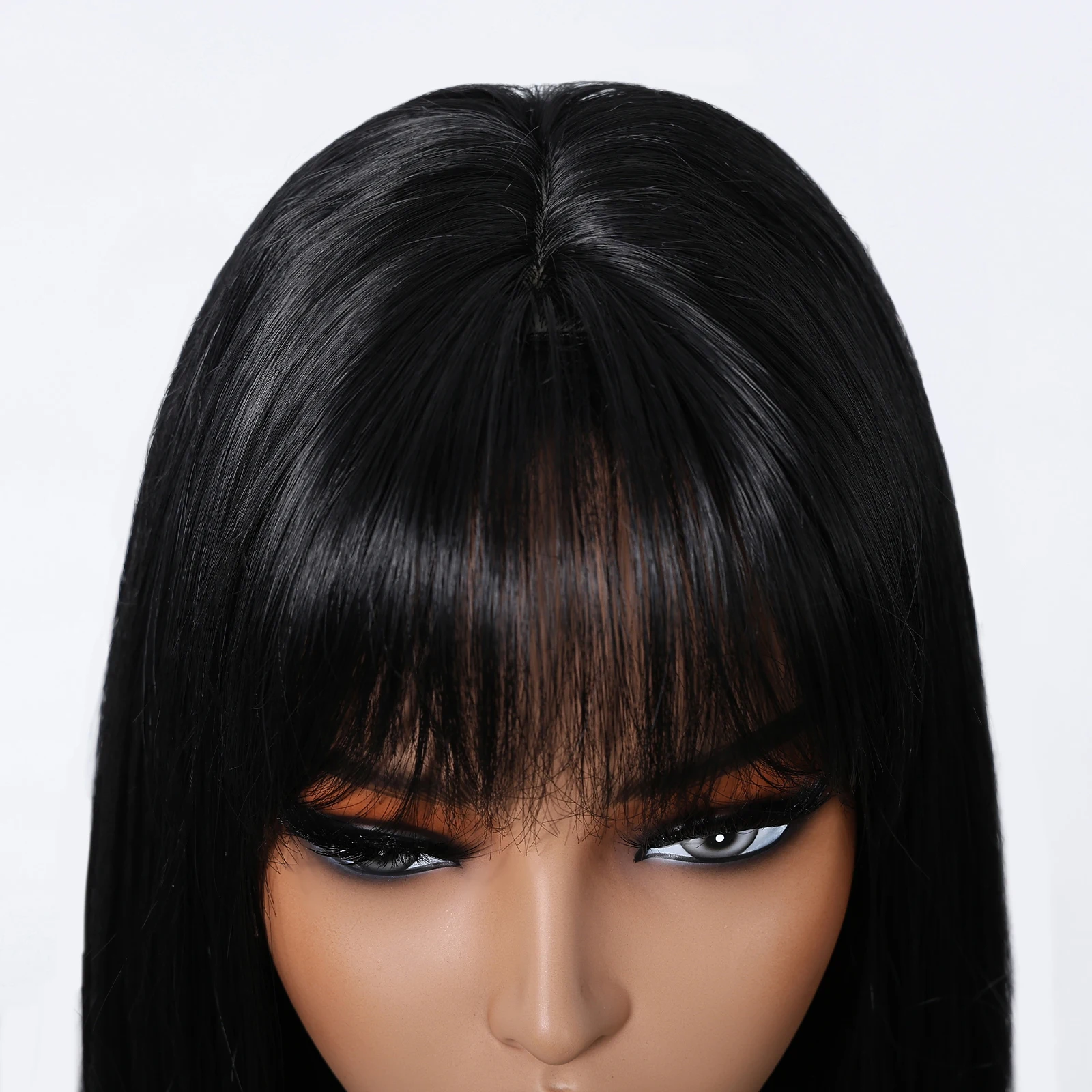 ALAN EATON Black Straight Synthetic Wig with Bangs Shoulder Length Black Wigs for Women Natural Looking Hair for Daily Party Use