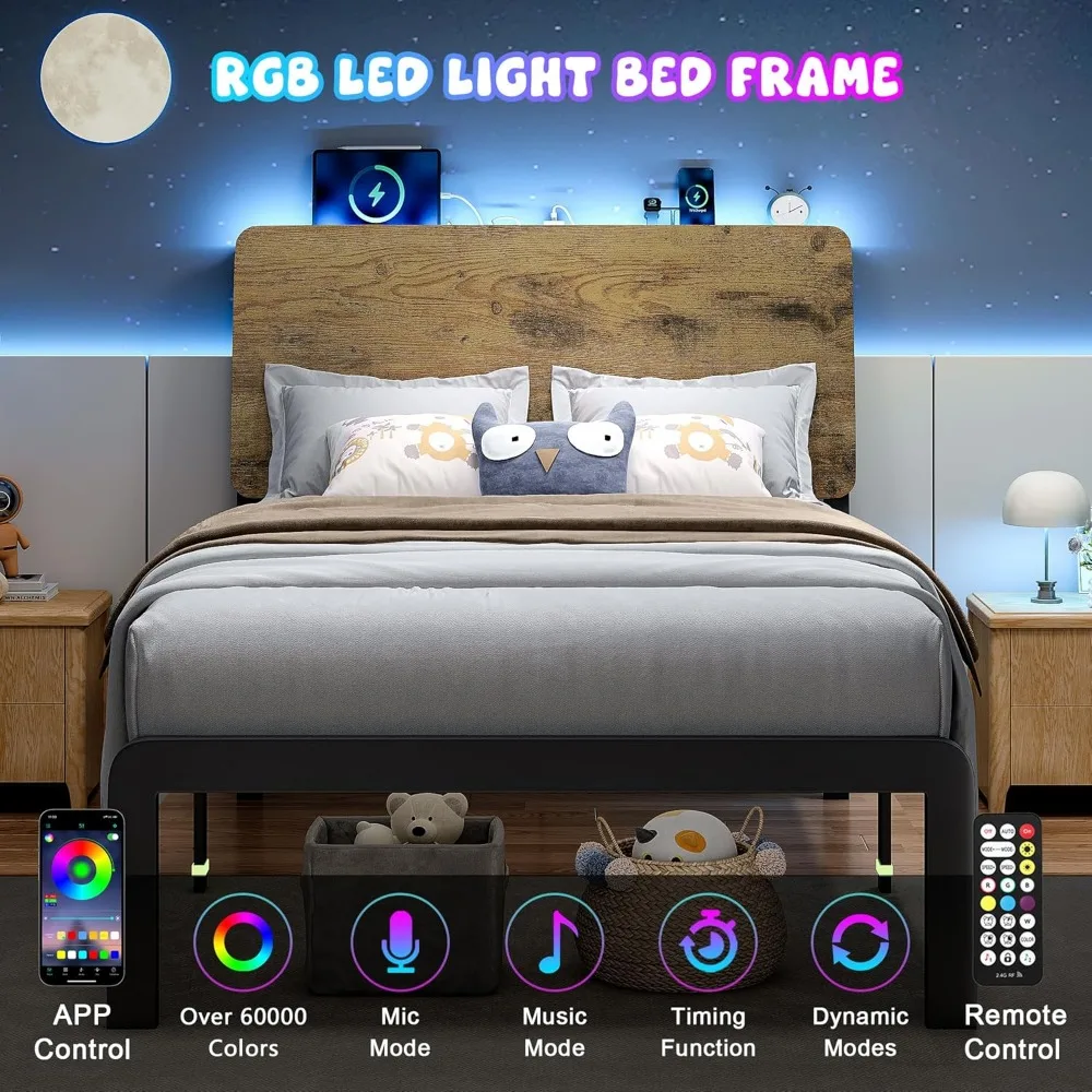 Twin Bed Frame with LED Lights, Storage Headboard & Charging Ports, Easy Assembly, Rustic Style