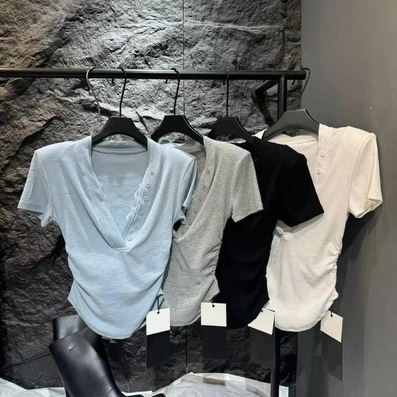 Spring and Summer New Waist-hugging Short V-neck Lace Spliced button Shoulder Pad Short Sleeve T-shirt Top for Women