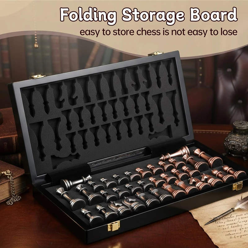 

High-end metal chess set 38cm/15inch folding chessboard lacquered metal zinc alloy chess pieces including 2 additional queens