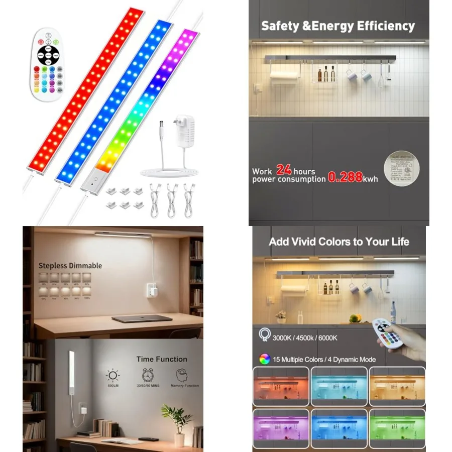 

Under Cabinet Lighting Plug in, Hardwired LED Under Cabinet Lights with Timer and Dimmable, 15 RGB Color Changing, 3-Pack