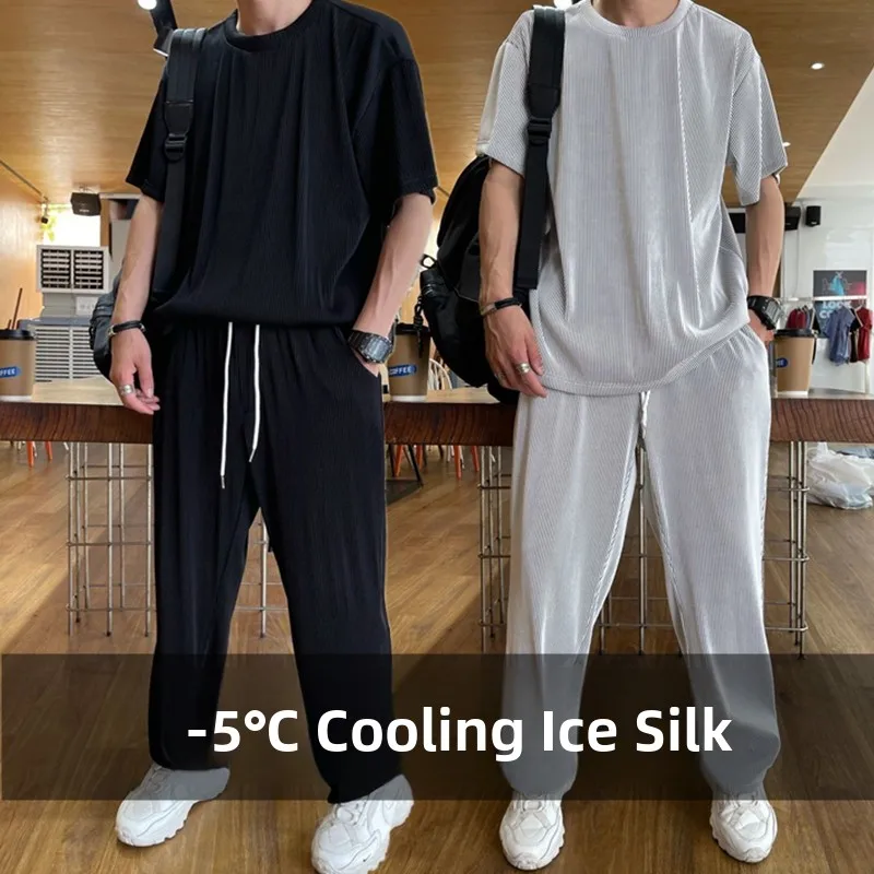 Folded Ice Silk Sports Set Men's Summer Thin Casual Trendy Short Sleeve Long Pants Handsome 12 Pieces Youth T-Shirt Long Pants view 3
