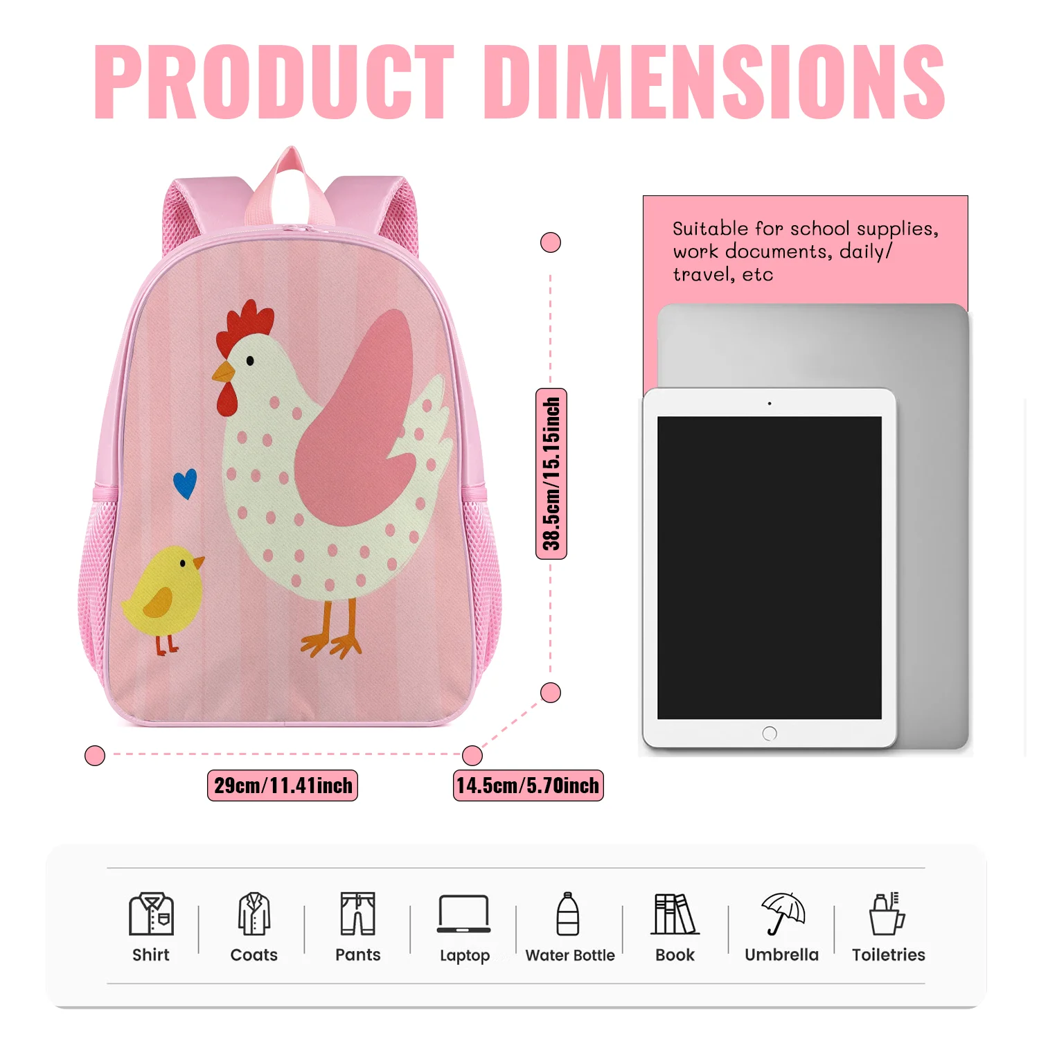 Cute Pink Chicken Hen Chick Backpack Lightweight School Bookbag with Polka Dot Heart Print Adjustable Straps