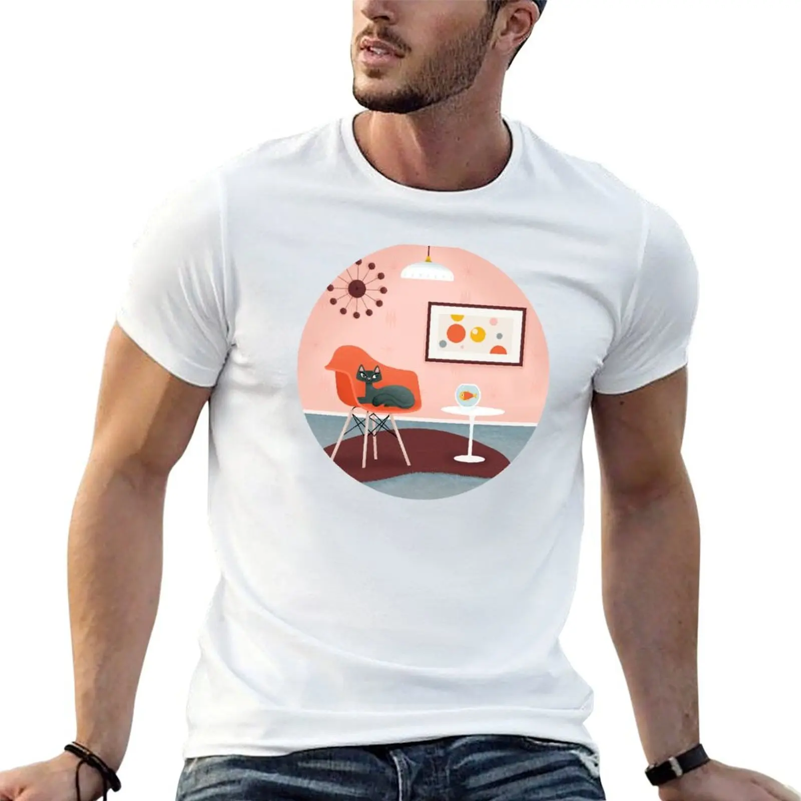 Midcentury Coral Decor With Black Cat And Gold Fish T-Shirt summer tops customs design your own mens graphic t-shirts