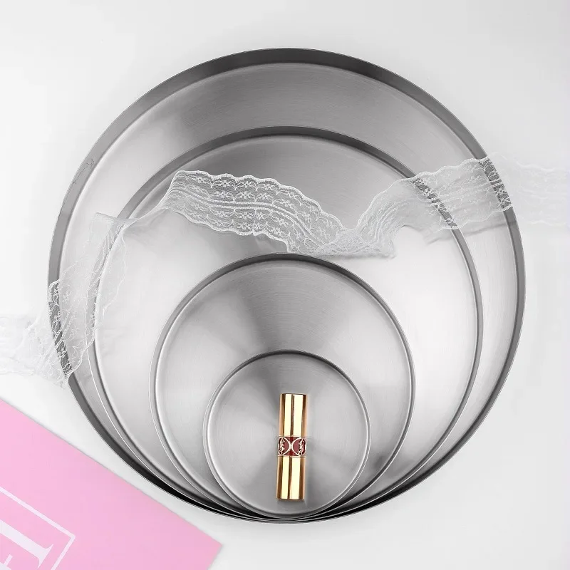AhunderJiaz Nordic Metal Luxury Storage Disc Silver Brushed Stainless Steel Circular Tray Jewelry Display Tray Home Accessories