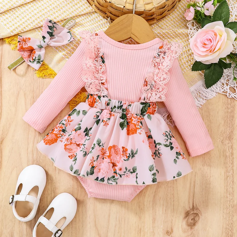 SXYPAYXS-Baby Girls Romper Dress Summer Floral Splicing Long Sleeves Suspenders Skirt Romper with Hairband Newborn Outfits