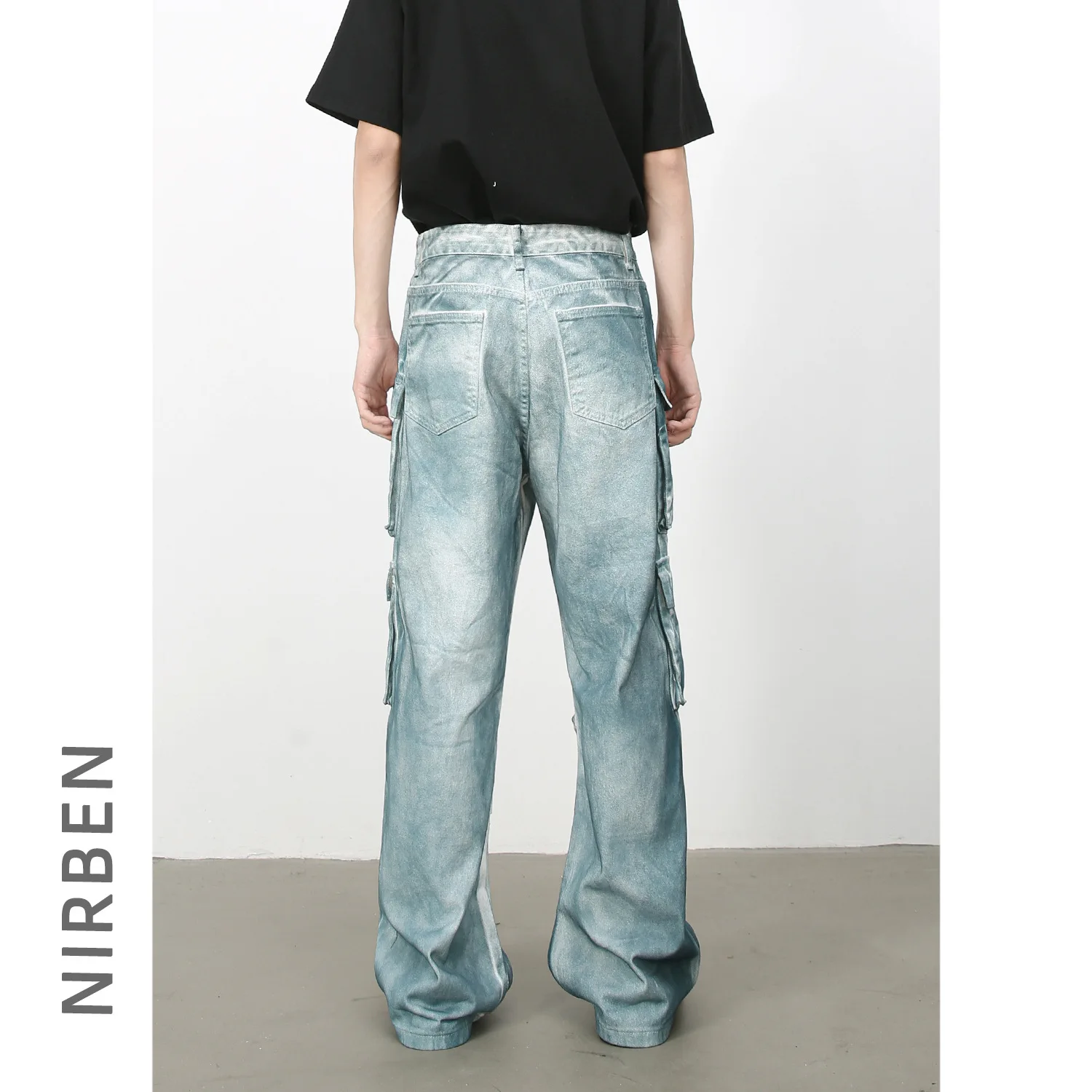 Denim American High Street Multi-pocket Ink Tie-dye Tooling Jeans Men's Loose Straight Wide-leg Pants