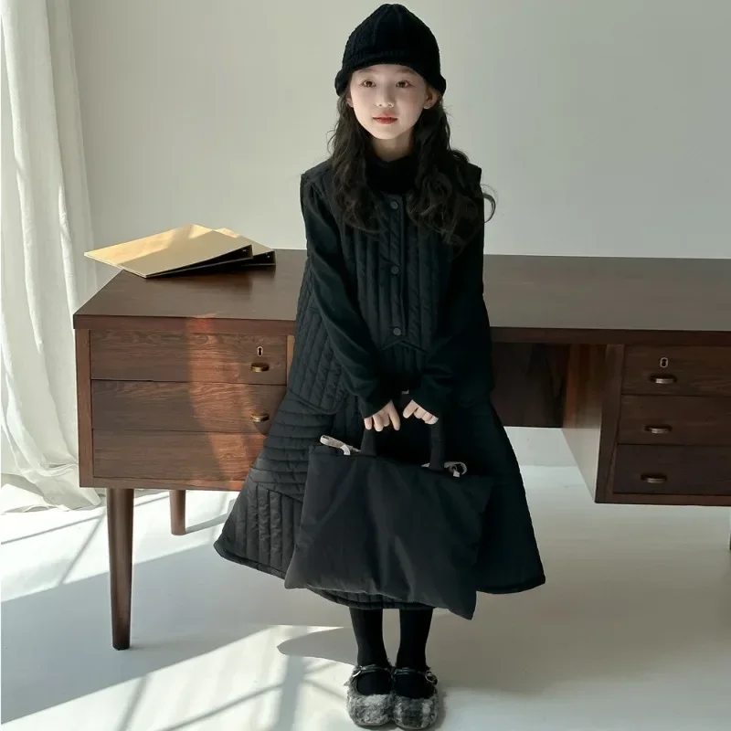 

Korean Version of Children's Suit 2024 Winter New Girls Quilting Cotton Vest Skirt Two-piece Set Children's Korean Suit