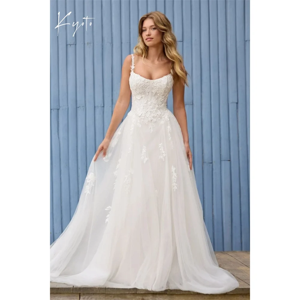 

Kyoto Customized Empire Waist Spaghetti Strap Lace Wedding Dress Gorgeous Appliques White فستان زفاف Court Train Abito da sposa