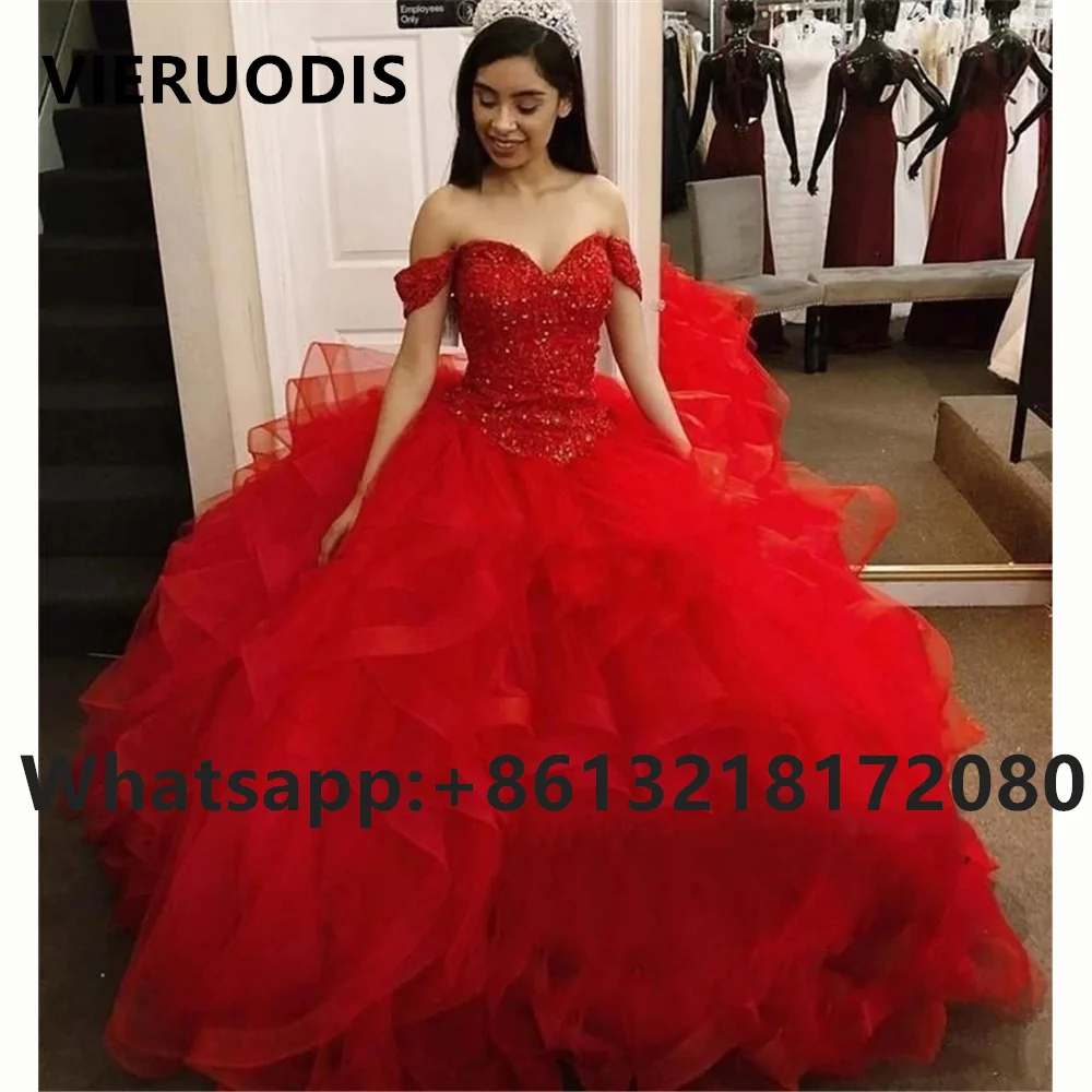 Increspature Rosso Al Largo Della Spalla Abito di Sfera Abiti stile Quinceanera Dolce 16 Top Appliques Abiti da ballo in pizzo Vestido De 15 Anos Quinceaner