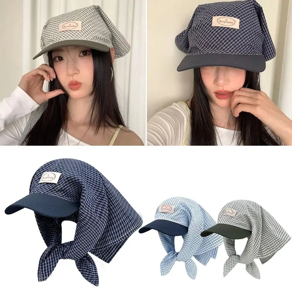 

New Sun Protection Plaid Headscarf Caps Quick Drying Breathable Peaked Cap Adjustable Anti-UV Letter Baseball Cap