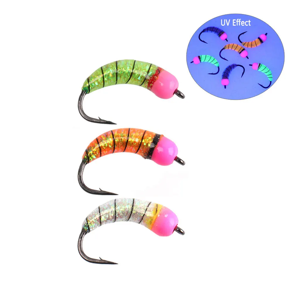 6 piezas # 6 # 8 # 10 Señuelos Fluorescentes de Latón con Cabeza de Perla de Hundimiento Rápido para Pesca de Trucha en Hielo: Nymph, Scud, Bug, Worm, Fly, Caddis, Larva e Insecto