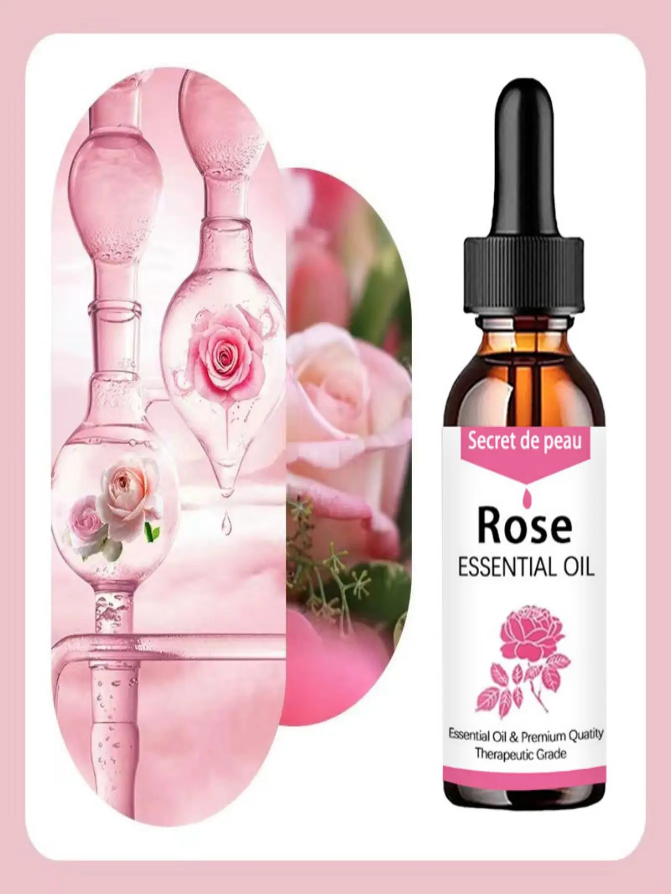 Rose essential oil, brightens skin tone, moisturizes and nourishes skin