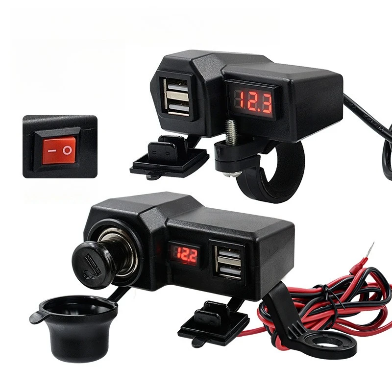 

Motorcycle Dual USB Charger with Port Cigarette Lighter Socket Temperature and Voltage Display for Phone Tablet Quick Charging