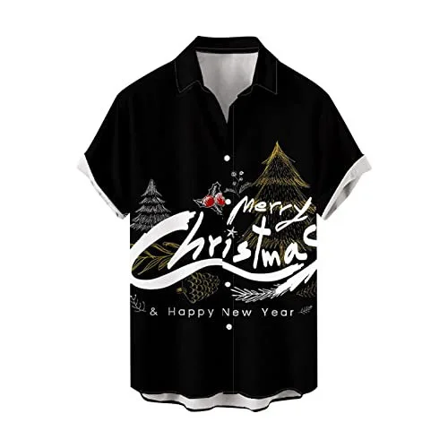 2025 Nuova camicia da uomo a maniche corte allentata con stampa digitale 3D con papillon a blocchi di colore transfrontalieri di Babbo Natale