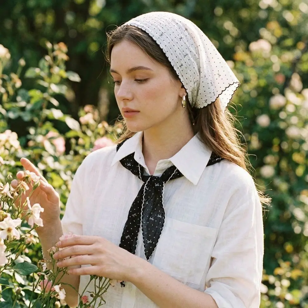

Head Shawl French Polka Dot Triangle Headscarf Bow Pastoral Shirt Extender Polyester Sun Protection Kawaii Scarf Vacation