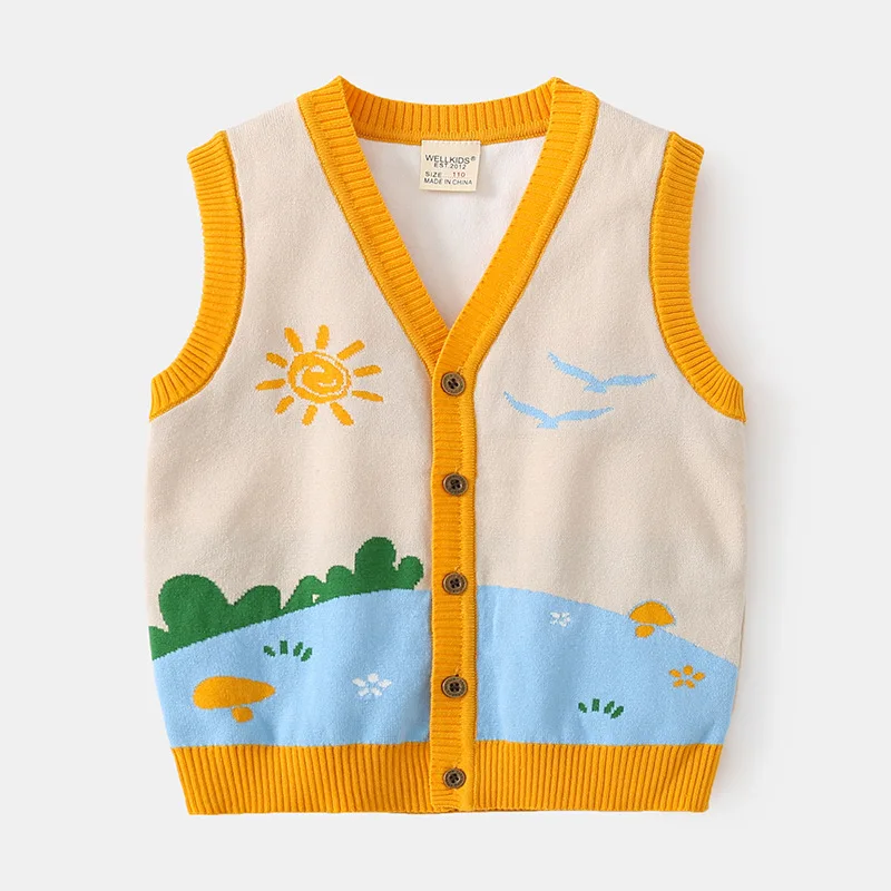 Boys' Fashion Cartoon Print Color-Block V-Neck Knitted Vest Spring Autumn Sleeveless Cardigan Sweater Top for Kids, Ages 2-7