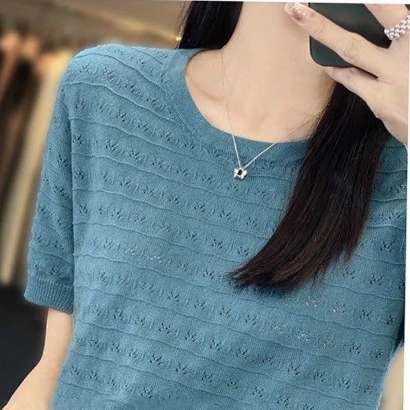 Korean Office Lady Summer T-Shirts Women\'s Solid Color Round Neck Ice Silk Screw Thread Chic Casual Short Sleeve Loose Knit Tops