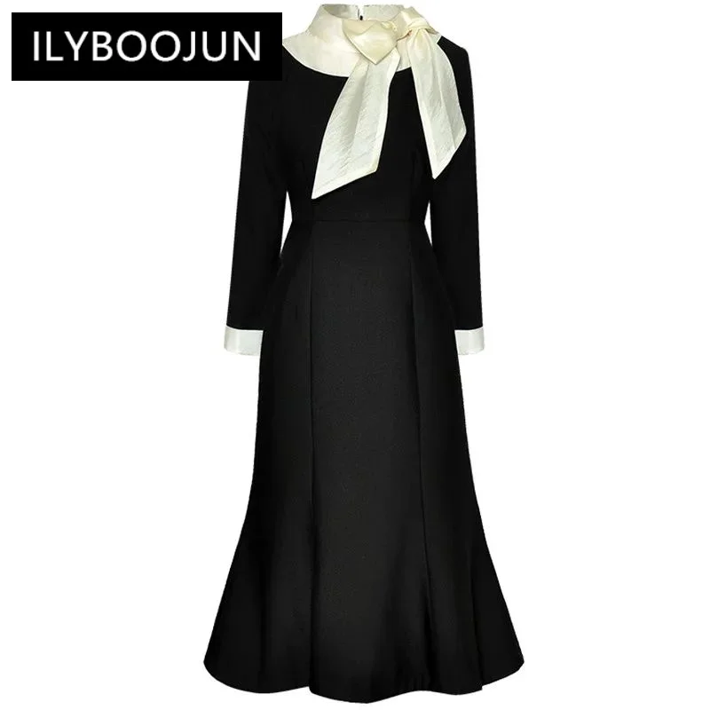 

ILYBOOJUN Fashion Runway Vintage Hit Color Mermaid Dress Women Stand Collar Bow High Waist Package Buttock Slim Long Dress