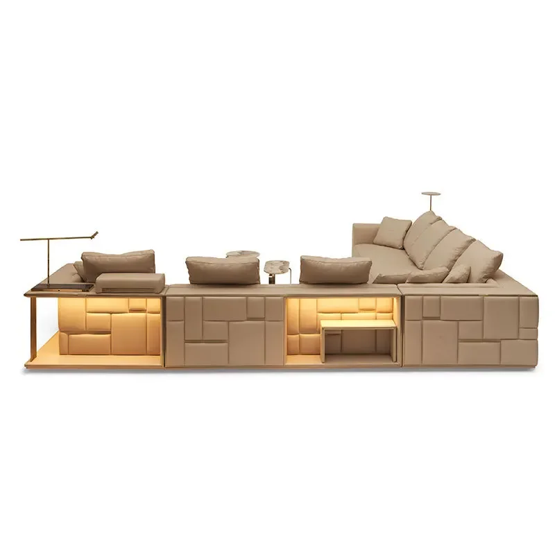 Italian minimalist villa large flat leather high-end Babylon combination sofa with sensor lamp