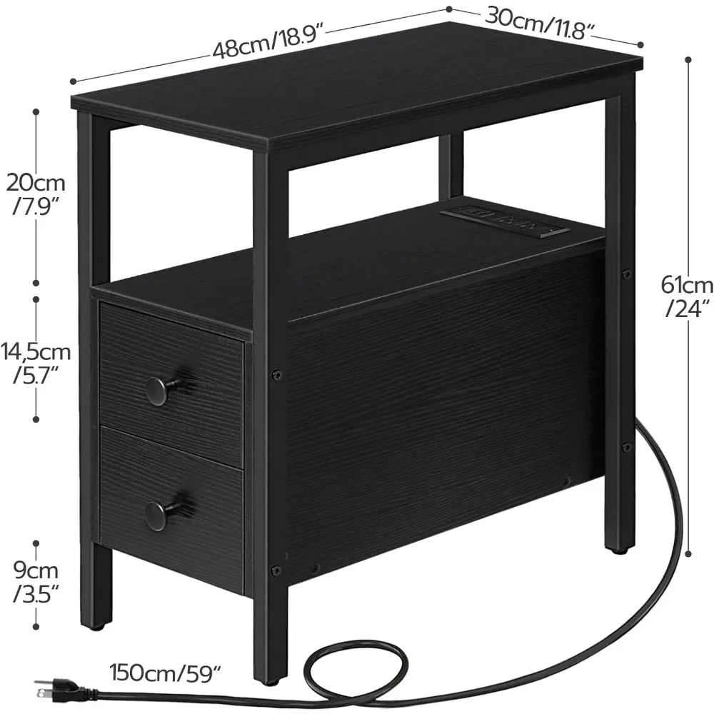 Set mit 2 Beistell tischen mit Ladestation, schmalem Beistell tisch mit Schubladen, USB-Anschlüssen und Steckdosen, Nachttisch