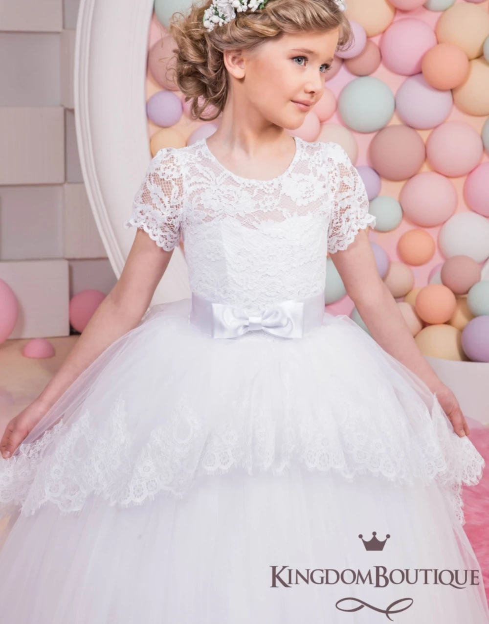 Lorencia White Short Sleeves Flower Girl Dress For Wedding Lace Appliques Purple Bow Kids Pageant First Communion Gown YFD62