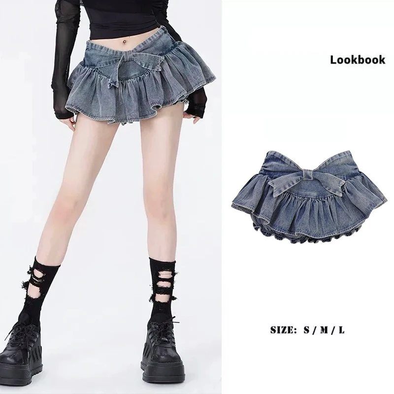 Y2k Ruffles Women Short Skirt Vintage Mini Pompous Skirt French Bow Autumn Demin Japanese Sexy Fashion 2000s Short Skirts