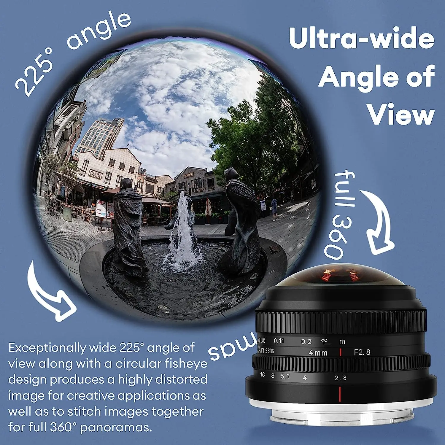 7artisans 4mm F2.8 225° APS-C Circular Fisheye MF Prime Lens For Sony E A6400 ZVE10 Fujifilm X X-T1 X-Pro1 X-A10 Micro 4/3 EPM1