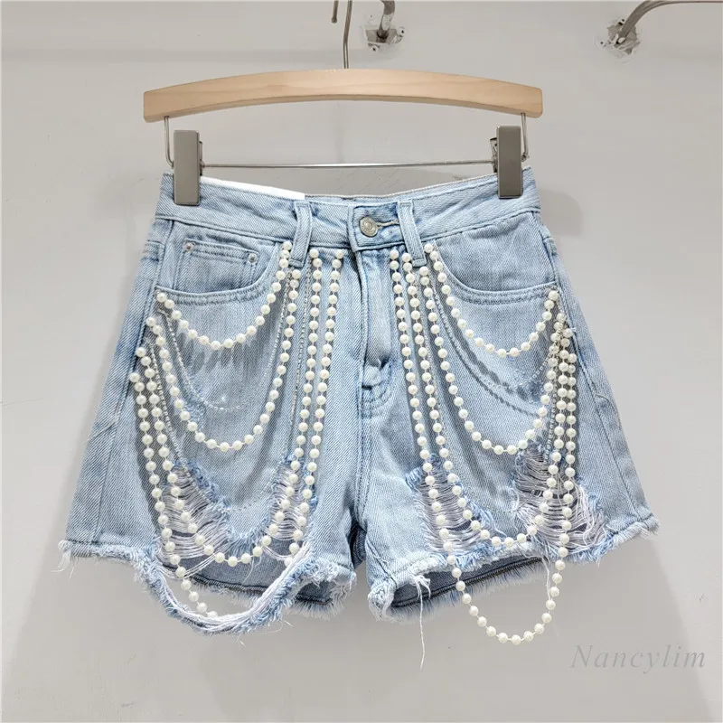 

Heavy Industry Chain Handmade Beaded Frayed Washing Personality Denim Shorts for Women 2024 New Street High Waist Hot Pants