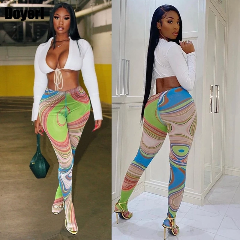 

Sexy Two Piece Women Pants Set Lace Up Crop Top and Mesh Foot Pants Leggings Suit 2 Piece Club Outfits for Women Matching Sets