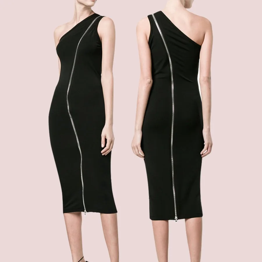 

【New style】 - spot New style sleeveless shoulder-zipper dress European and American summer black slim mid-length dress for wome