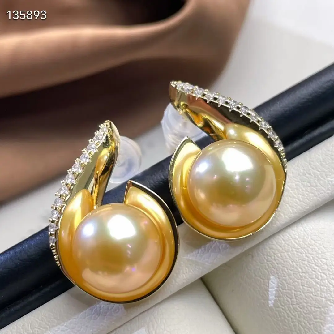 

Gorgeous 9-10mm South Sea Round Gold Pearl Dangle Earring 925s