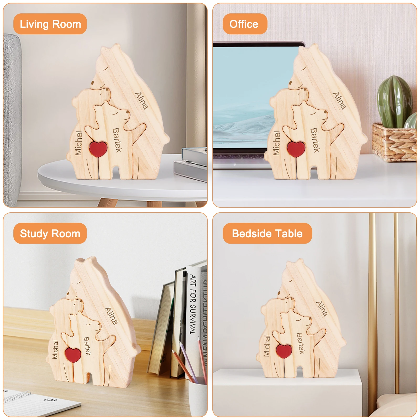 Single-parent Bear Family Name Personalised Customized Wooden Bear Theme Art DIY Home Decor Gift for Dear Family Desk Decoration