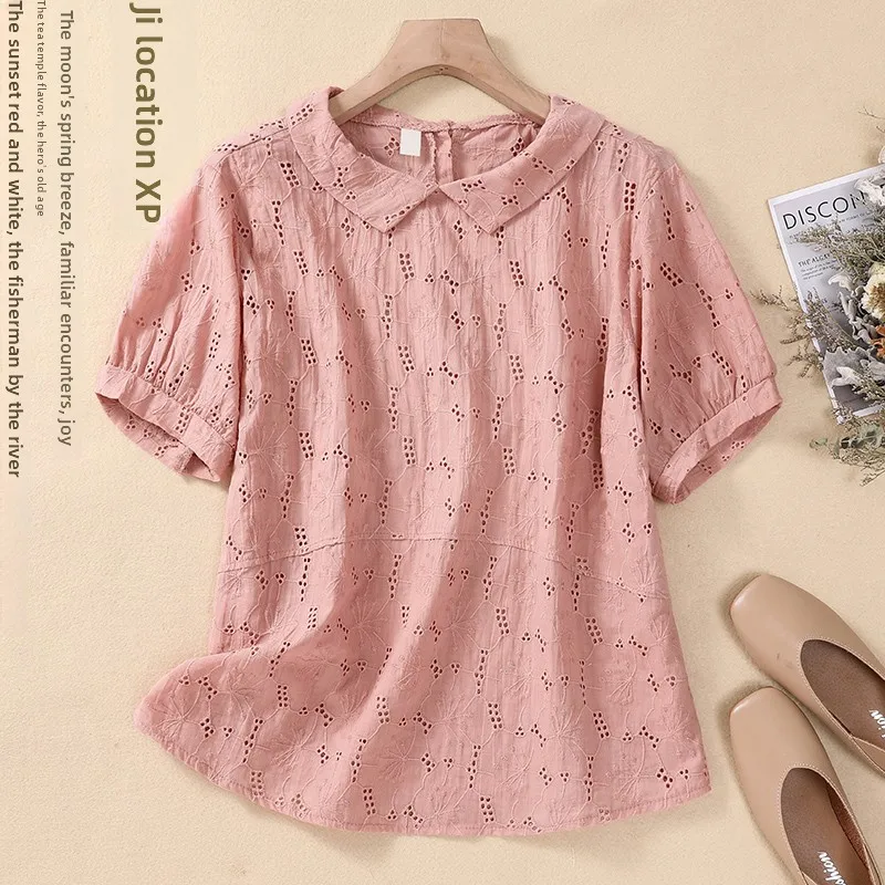 

Retro Cotton Linen irt Summer Casual ort Sve Baby Collar Loose Slimming Women's Top Pure Color Ne T-irt