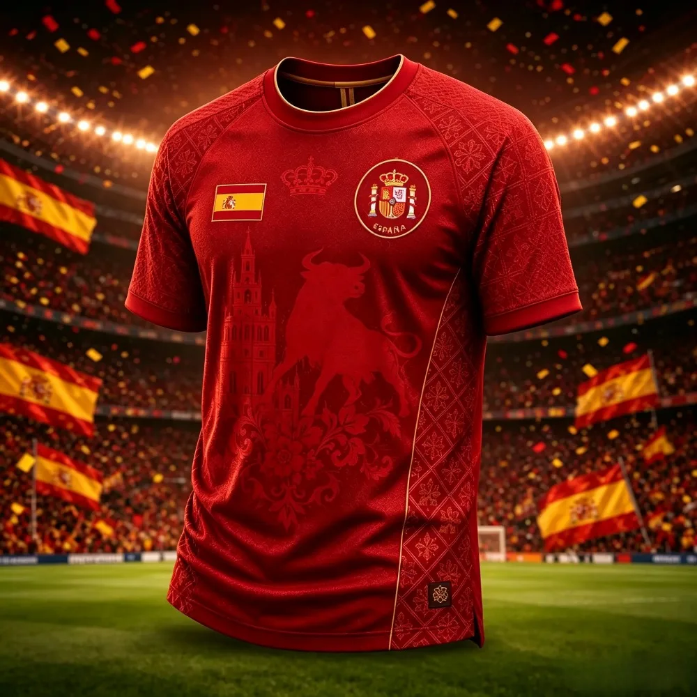 Summer Men's Quick Dry Football Jersey Red Spain National Team Golden Bull Cathedral 3D Print Soccer Fan Short Sleeve Training