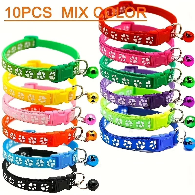 

10 Pcs Adjustable Nylon Pet Collars with Vibrant Cartoon Paw & Footprint Design, Bells for Dogs and Cats