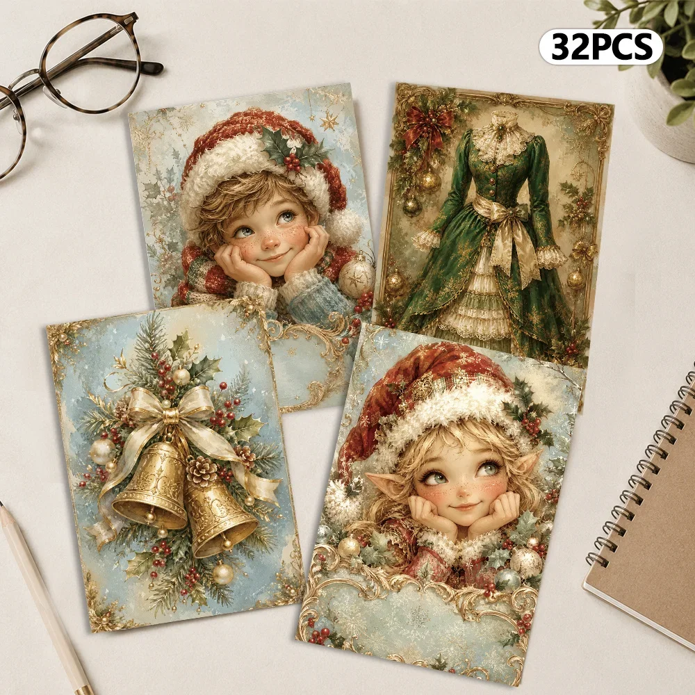 32 cartes postales de Noël vintage bleues, autocollants muraux, cartes de correspondance, cartes de vœux, cartes postales DIY, cartes postales commémoratives