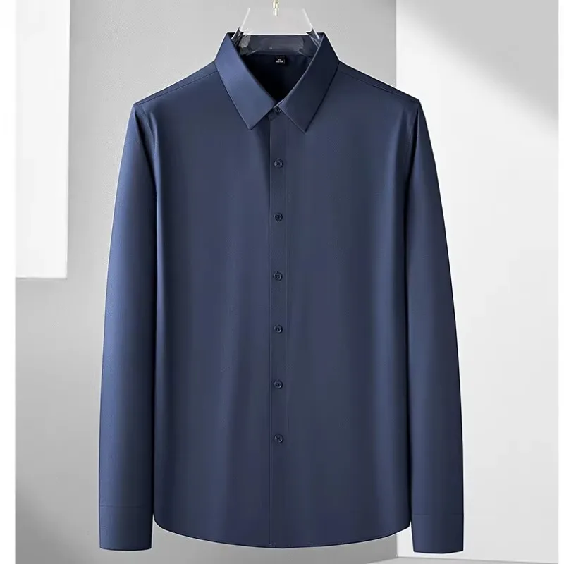 Men's Solid Long Sleeve Shirt Polyester Modal Blend Stretch Fabric Slim Fit Turn Down Collar Business Casual Button Front Top
