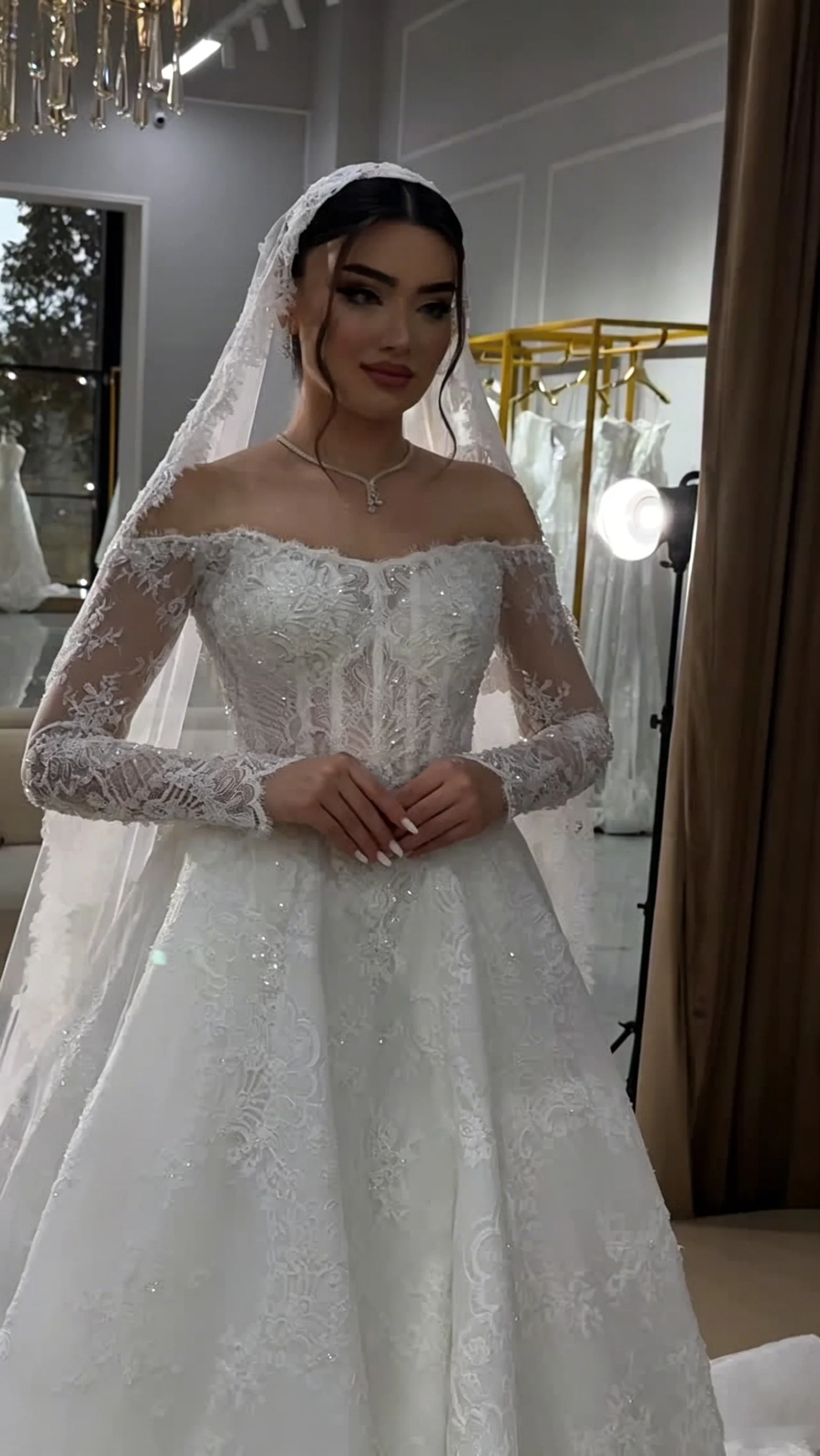 2026 Customized Luxury Off Shoulder Lace Wedding Dress Long Sleeve Ball Dress Full Lace Shining A-line Bride Dress