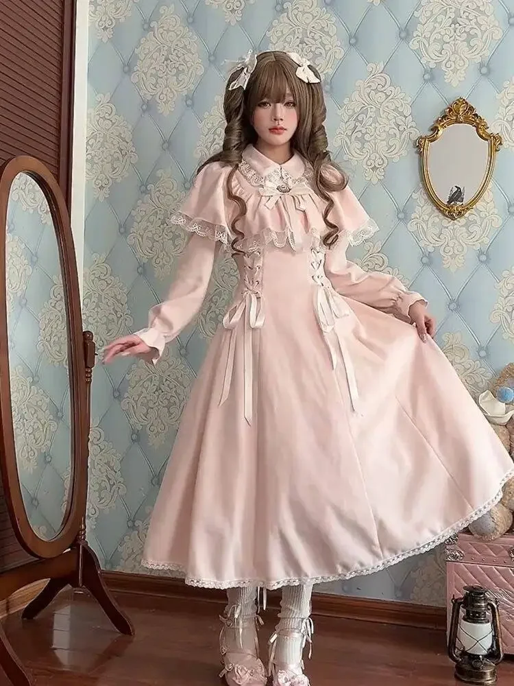 

Lolita Kawaii Lace Bandage Dress French Elegant Sweet Princess Dresses Autumn New Harajuku Korean Fashion Vitnage Clothing