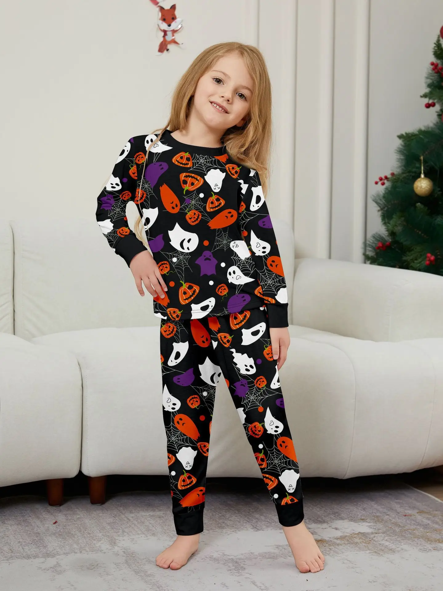 New Family Halloween Matching Outfits Set Pumpkin Demon Print Parent-child Long Sleeve Soft Sleepwear 2 Pcs Family Look Pyjamas