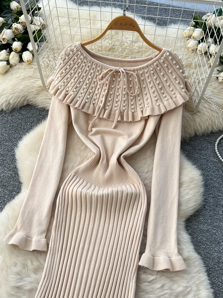 Ele vestido sin hombros con adornos de perlas largo Sve adelgazante diseño de cintura alta coreano Sle A-Line Dr para mujer