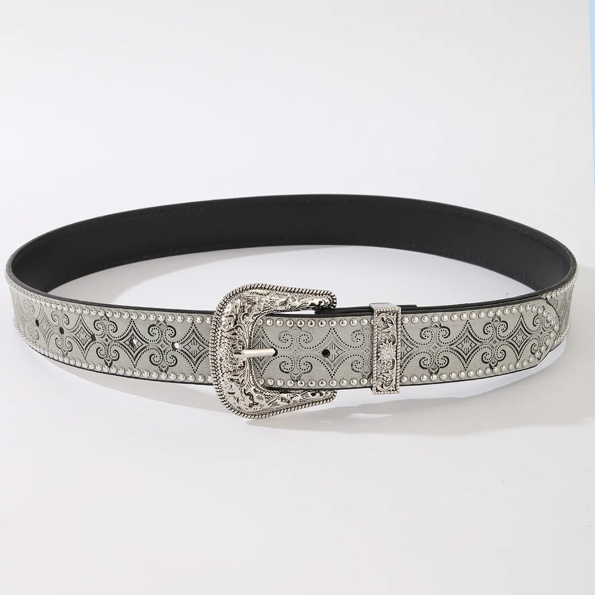 Silver Vintage Belt with Western Carved Metal Rivet Buckle Design