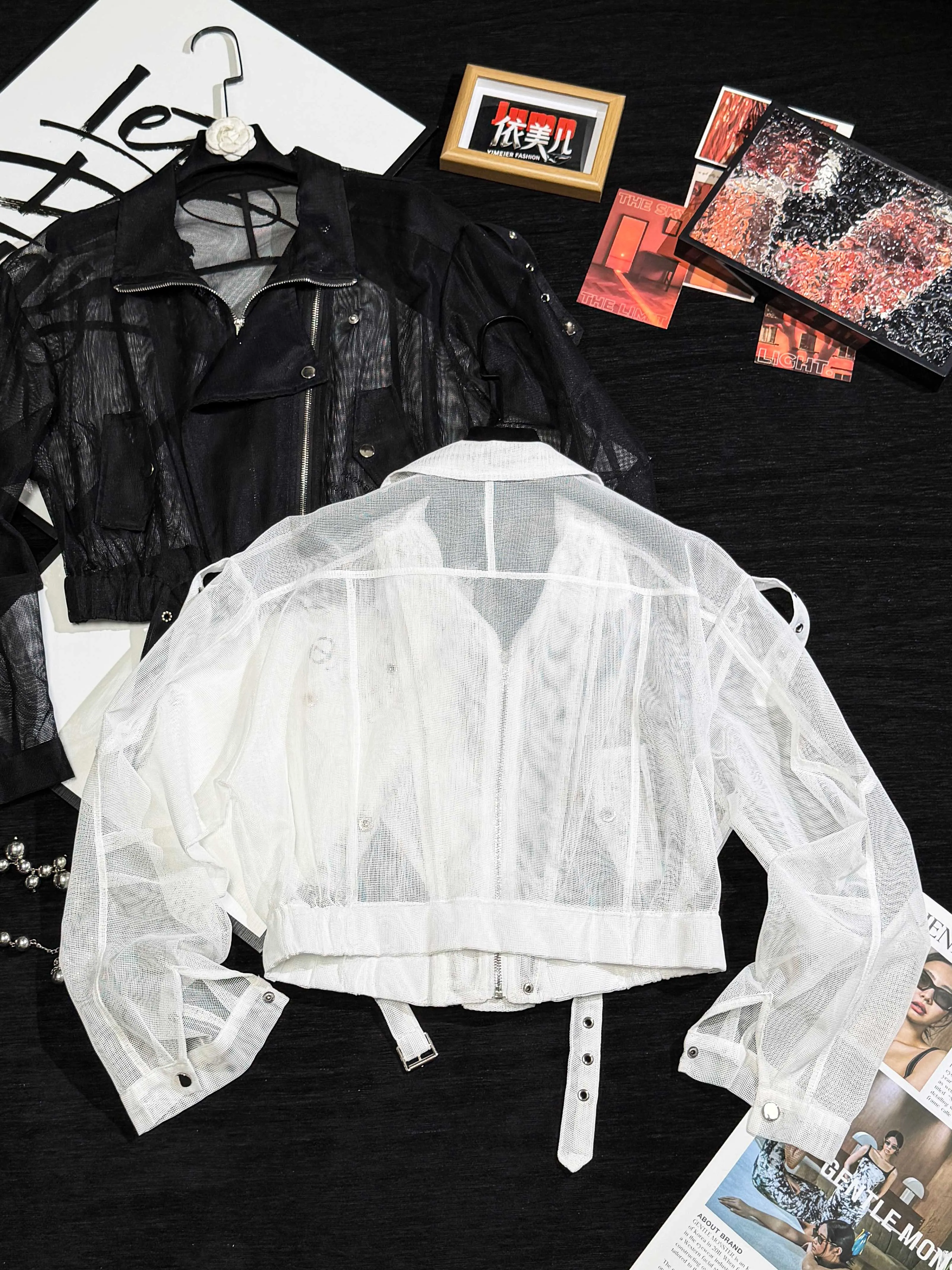 Hollow Out Mesh Summer Sunscreen Clothes Turn-down Collar Thin Locomotive Jacket Women Full Sleeve Breathable Short Jackets