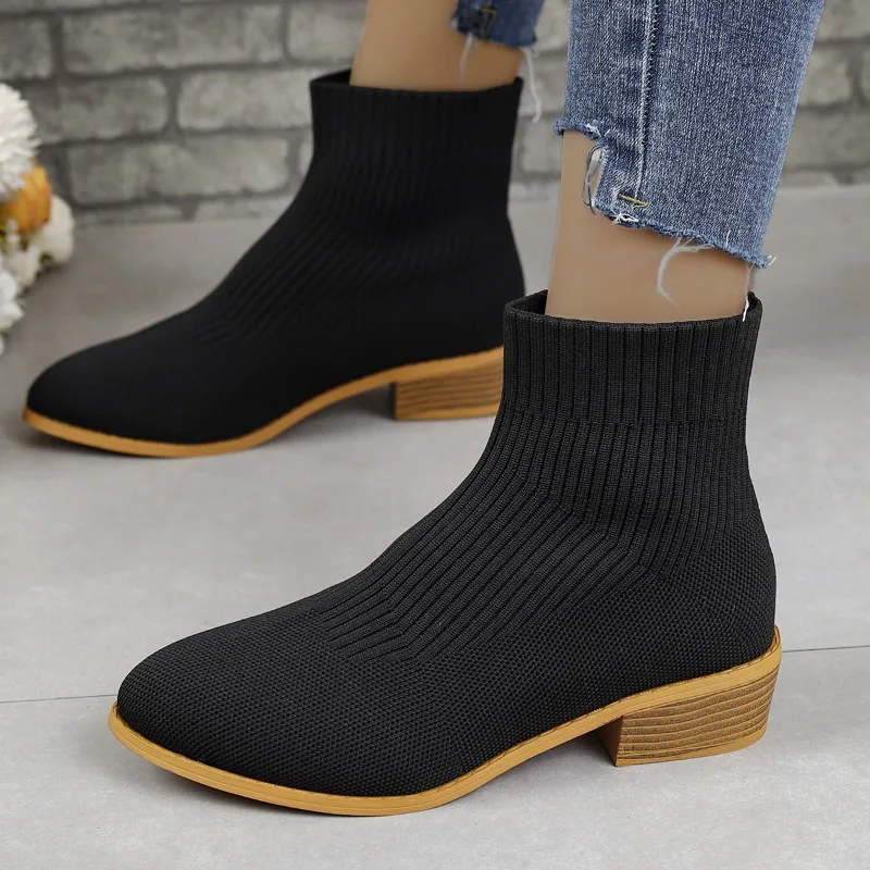 Ankle Sock Boots for Women Fashion Medium Heel Pointed Toe Knitted Short Chelsea Boots Female Casual Heeled Shoes Footwear Pumps