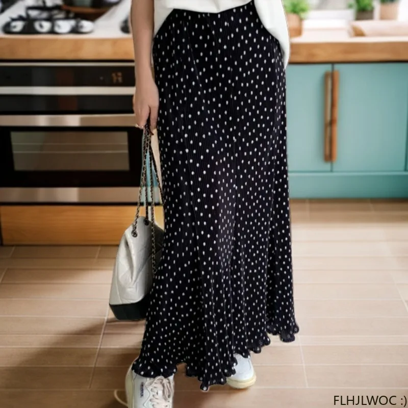 

X-Long Maxi Ankle Skirts New Design 2024 Summer Women European Style Fashion Elastic High Waist Ruffles Holiday Pleated Skirt