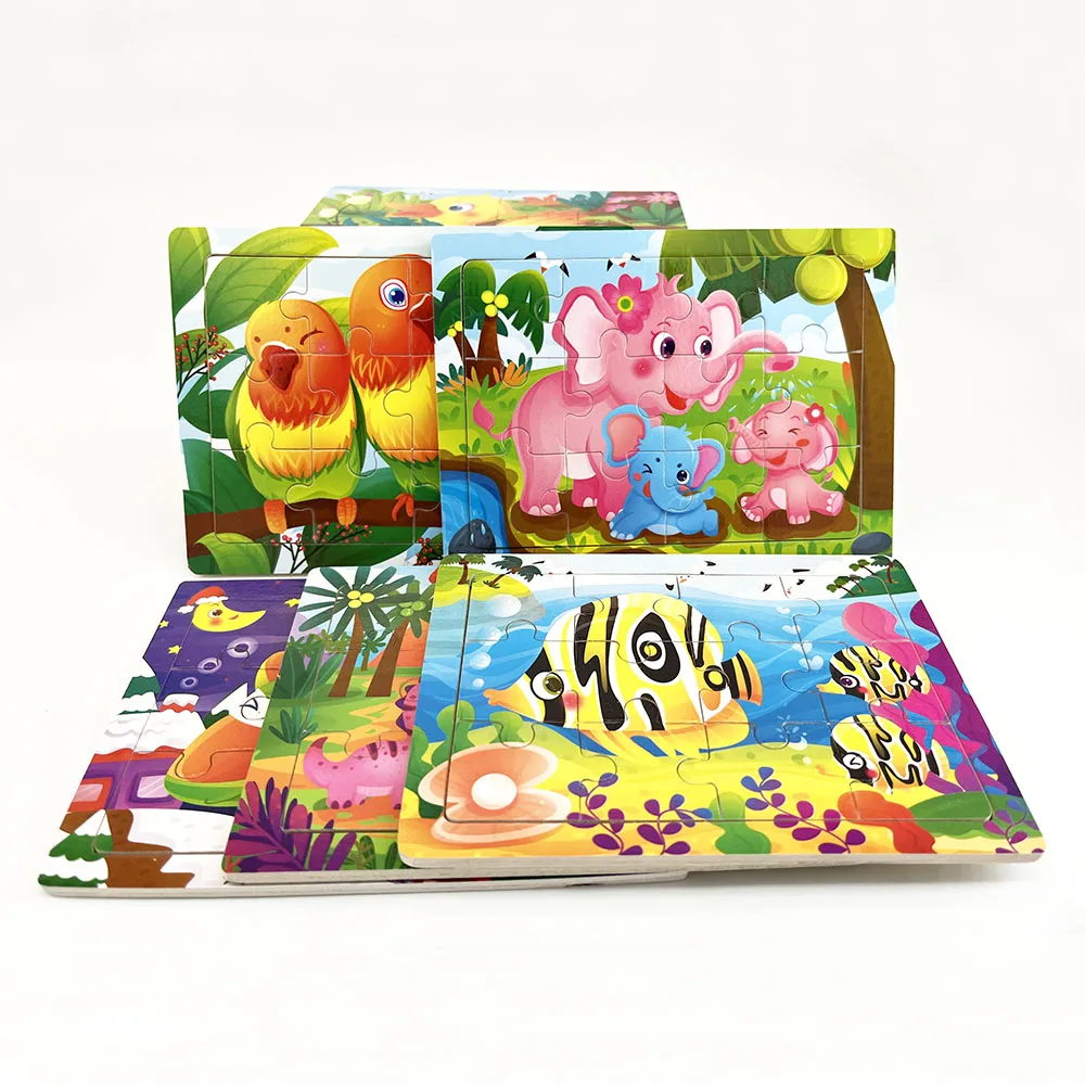 Puzzle en bois thème parent-enfant, dessin animé, animal, jeu Montessori dos jouets pour enfants, cadeaux pour enfants, 12 pièces